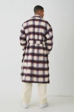 Outlet boohooMAN Oversized Double Breasted Brushed Check Overcoat In burgundy