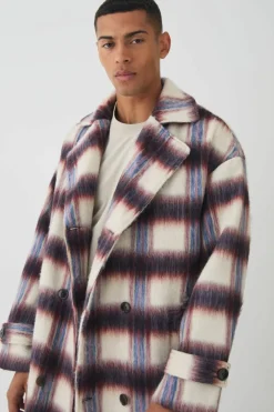 Outlet boohooMAN Oversized Double Breasted Brushed Check Overcoat In burgundy