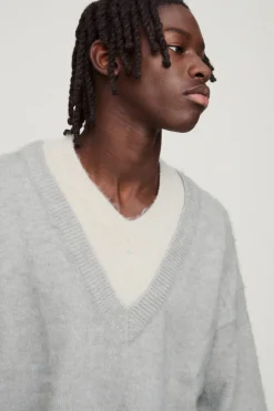 Sale boohooMAN Oversized Double Layer Brushed Knitted Jumper grey