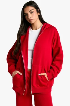 Store boohoo Oversized Double Zip Through Hoodie red