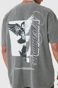 Cheap boohooMAN Oversized Dove Worldwide Back Print T-shirt charcoal
