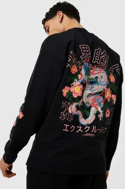 Shop boohooMAN Oversized Dragon Floral Graphic Sweatshirt black