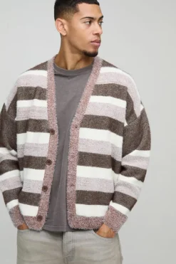 Cheap boohooMAN Oversized Dropped Shoulder Brushed Stripe Knitted Cardigan brown