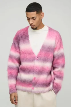 Flash Sale boohooMAN Oversized Dropped Shoulder Brushed Stripe Knitted Cardigan pink