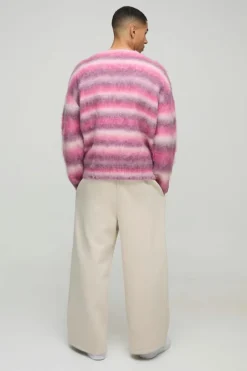 Flash Sale boohooMAN Oversized Dropped Shoulder Brushed Stripe Knitted Cardigan pink