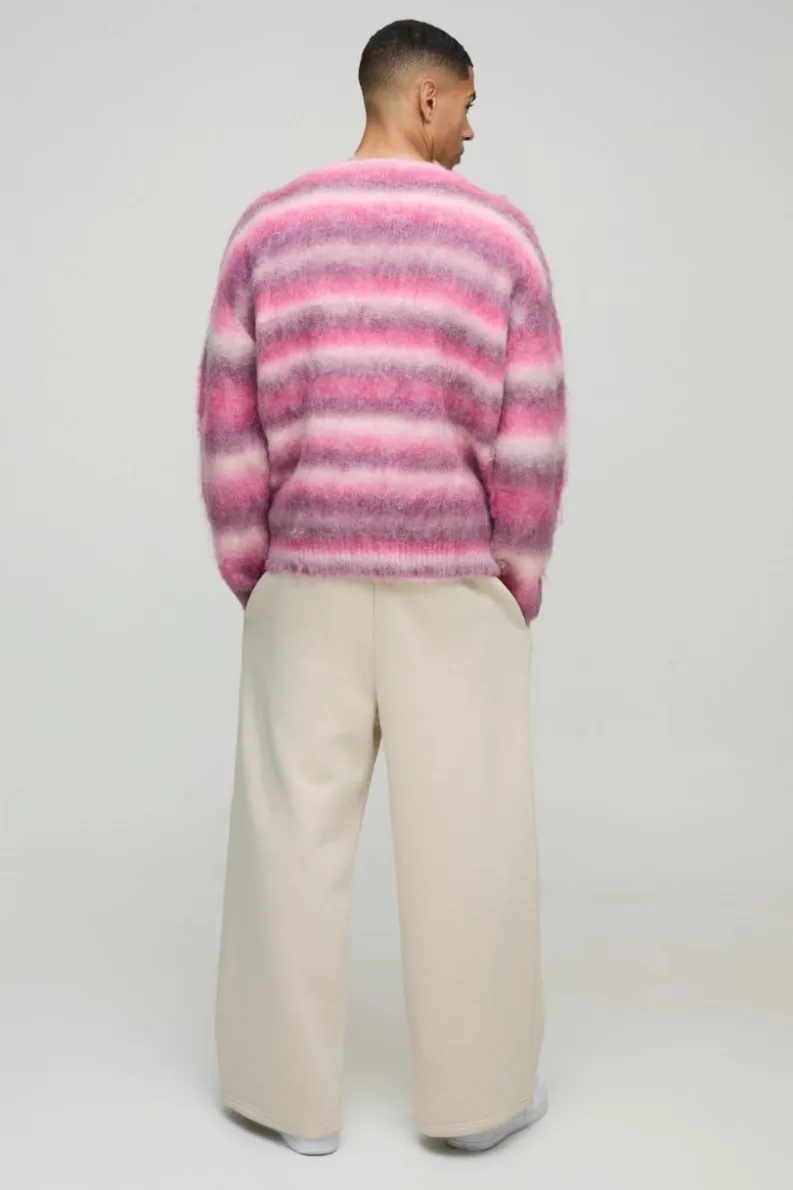 Flash Sale boohooMAN Oversized Dropped Shoulder Brushed Stripe Knitted Cardigan pink
