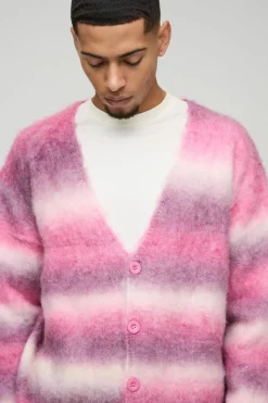 Flash Sale boohooMAN Oversized Dropped Shoulder Brushed Stripe Knitted Cardigan pink
