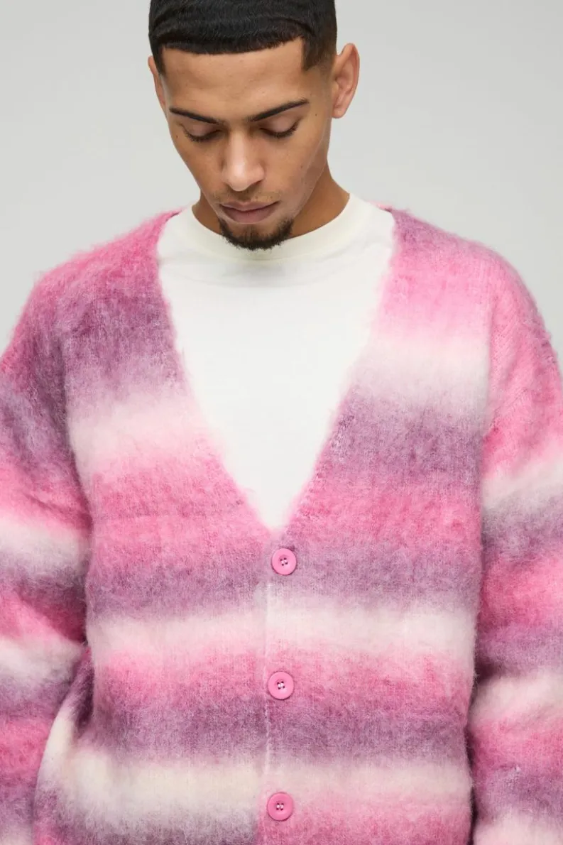 Flash Sale boohooMAN Oversized Dropped Shoulder Brushed Stripe Knitted Cardigan pink