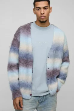 Clearance boohooMAN Oversized Dropped Shoulder Brushed Stripe Knitted Cardigan brown