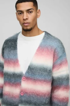 New boohooMAN Oversized Dropped Shoulder Brushed Stripe Knitted Cardigan purple