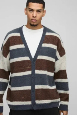 Clearance boohooMAN Oversized Dropped Shoulder Brushed Stripe Knitted Cardigan blue