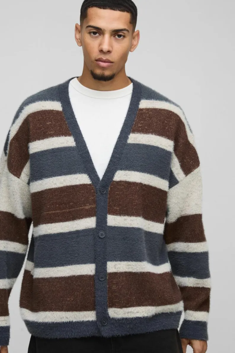 Clearance boohooMAN Oversized Dropped Shoulder Brushed Stripe Knitted Cardigan blue