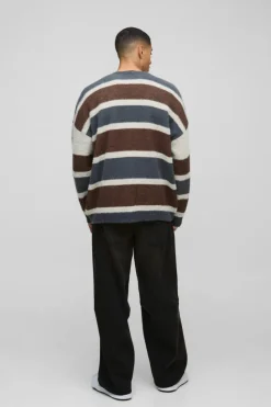 Clearance boohooMAN Oversized Dropped Shoulder Brushed Stripe Knitted Cardigan blue