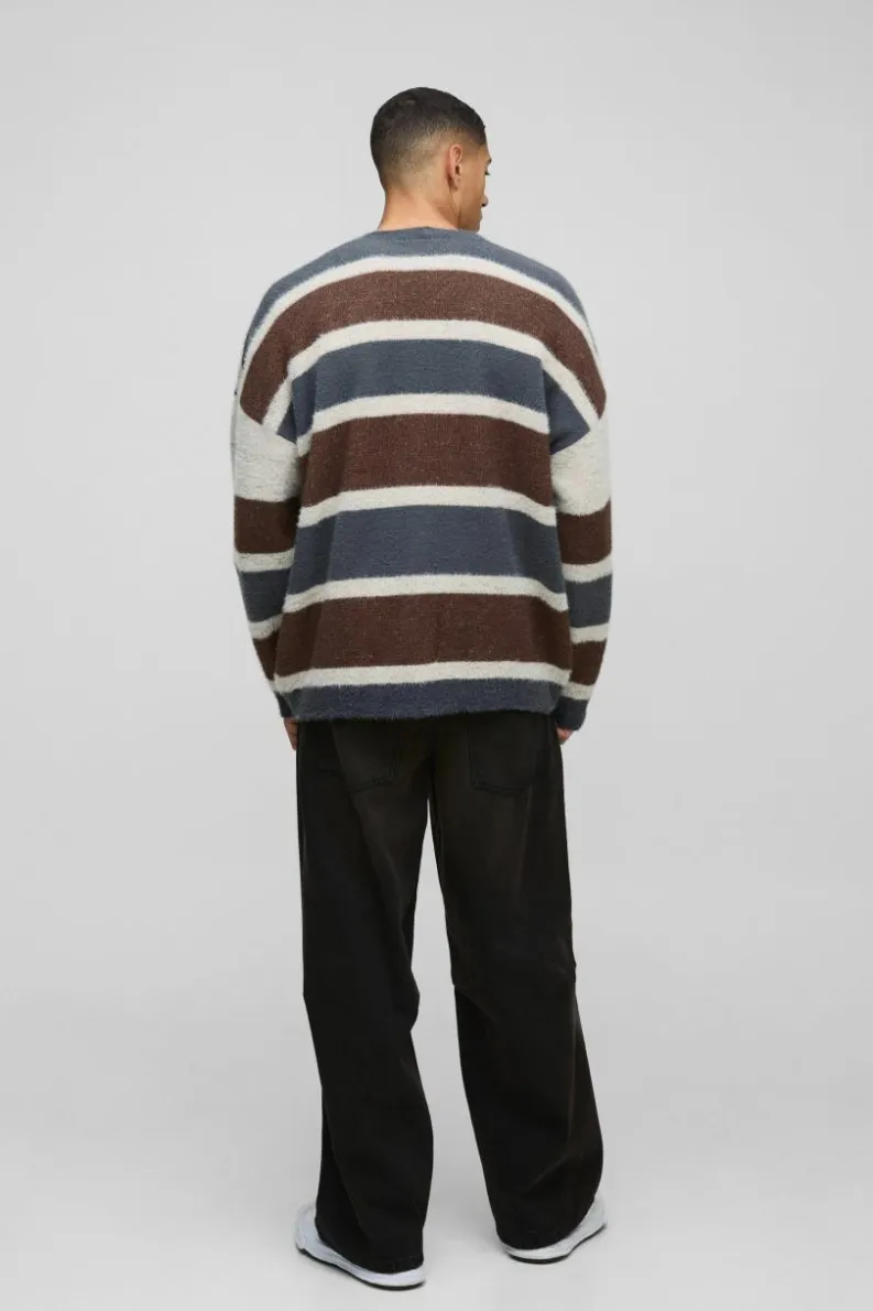 Clearance boohooMAN Oversized Dropped Shoulder Brushed Stripe Knitted Cardigan blue