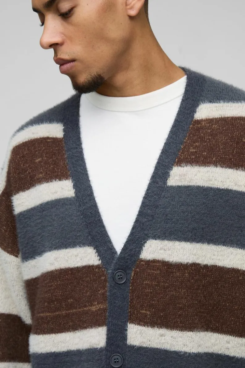 Clearance boohooMAN Oversized Dropped Shoulder Brushed Stripe Knitted Cardigan blue