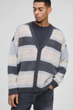 Fashion boohooMAN Oversized Dropped Shoulder Brushed Stripe Knitted Cardigan stone