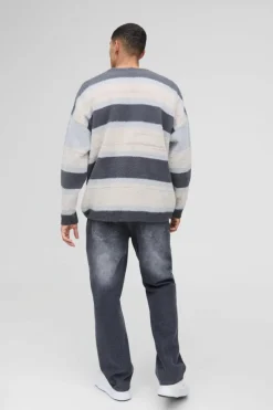 Fashion boohooMAN Oversized Dropped Shoulder Brushed Stripe Knitted Cardigan stone