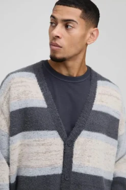 Fashion boohooMAN Oversized Dropped Shoulder Brushed Stripe Knitted Cardigan stone