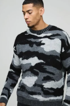 Online boohooMAN Oversized Dropped Shoulder Camo Brushed Knit Jumper black