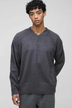 Cheap boohooMAN Oversized Dropped Shoulder Fluffy V Neck Knit Jumper charcoal