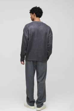 Cheap boohooMAN Oversized Dropped Shoulder Fluffy V Neck Knit Jumper charcoal