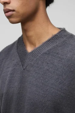 Cheap boohooMAN Oversized Dropped Shoulder Fluffy V Neck Knit Jumper charcoal