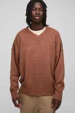 Best Sale boohooMAN Oversized Dropped Shoulder Fluffy V Neck Knit Jumper brown