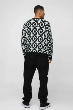 Store boohooMAN Oversized Dropped Shoulder Jacquard Brushed Knit Jumper black
