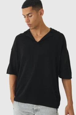 Cheap boohooMAN Oversized Dropped Shoulder Knitted Polo Shirt black