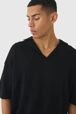 Cheap boohooMAN Oversized Dropped Shoulder Knitted Polo Shirt black