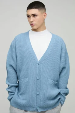 Store boohooMAN Oversized Dropped Shoulder Ribbed Knitted Cardigan light blue