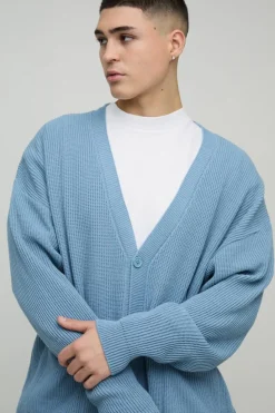 Store boohooMAN Oversized Dropped Shoulder Ribbed Knitted Cardigan light blue