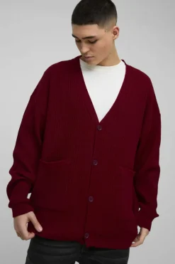 Cheap boohooMAN Oversized Dropped Shoulder Ribbed Knitted Cardigan burgundy