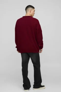 Cheap boohooMAN Oversized Dropped Shoulder Ribbed Knitted Cardigan burgundy