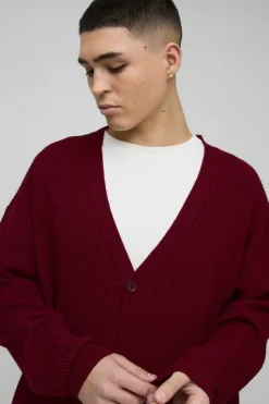 Cheap boohooMAN Oversized Dropped Shoulder Ribbed Knitted Cardigan burgundy