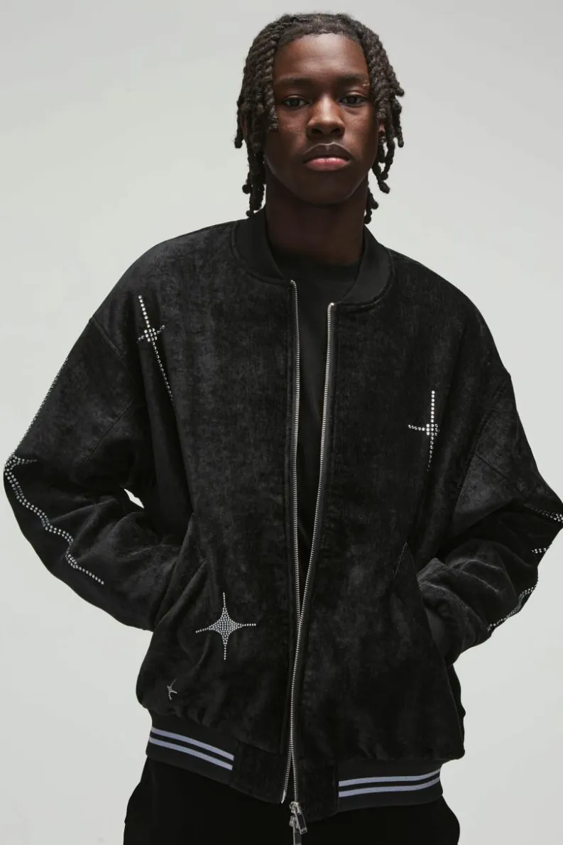 Cheap boohooMAN Oversized Dropped Sleeve Velour Rhinestone Graphic Bomber Jacket black