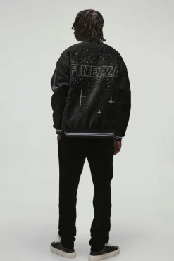 Cheap boohooMAN Oversized Dropped Sleeve Velour Rhinestone Graphic Bomber Jacket black
