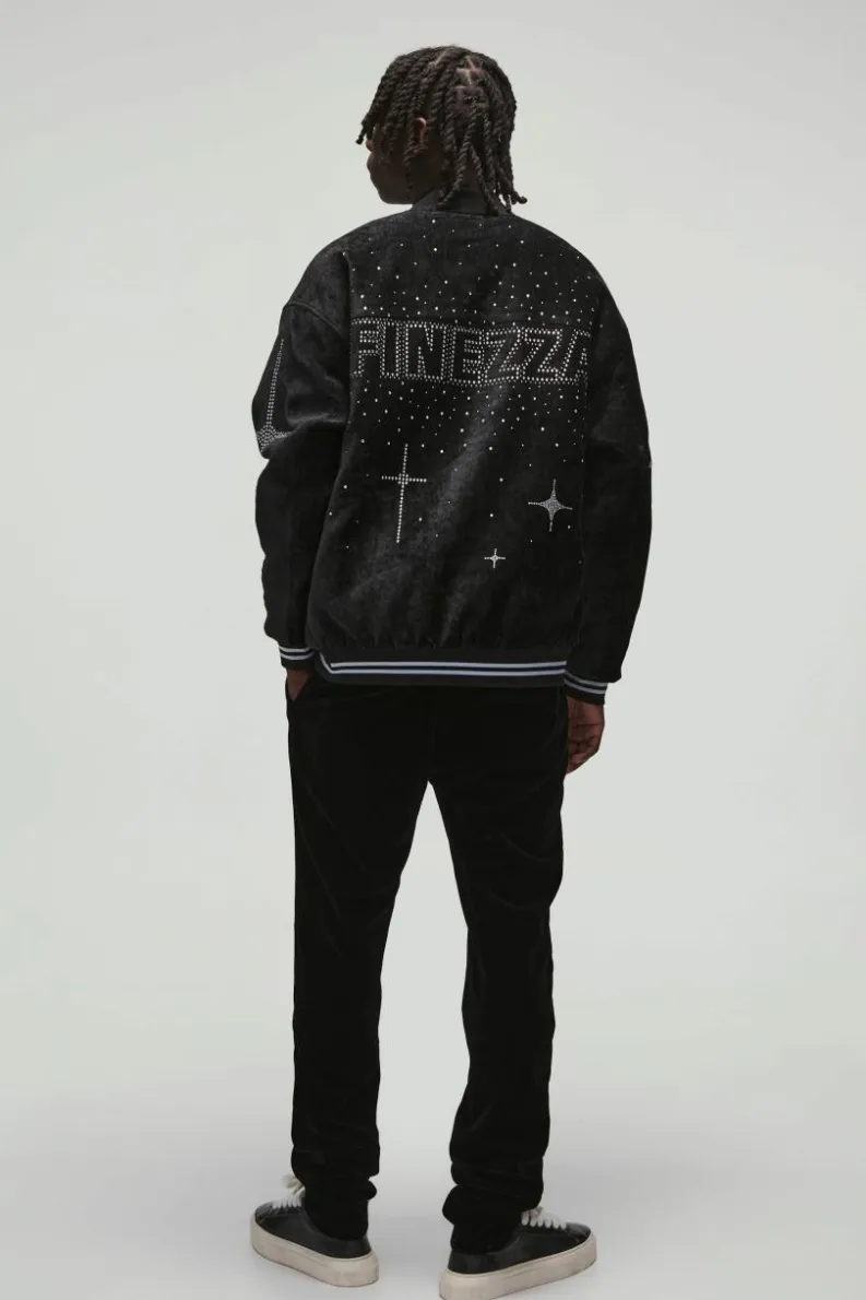 Cheap boohooMAN Oversized Dropped Sleeve Velour Rhinestone Graphic Bomber Jacket black