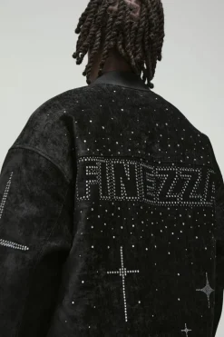 Cheap boohooMAN Oversized Dropped Sleeve Velour Rhinestone Graphic Bomber Jacket black