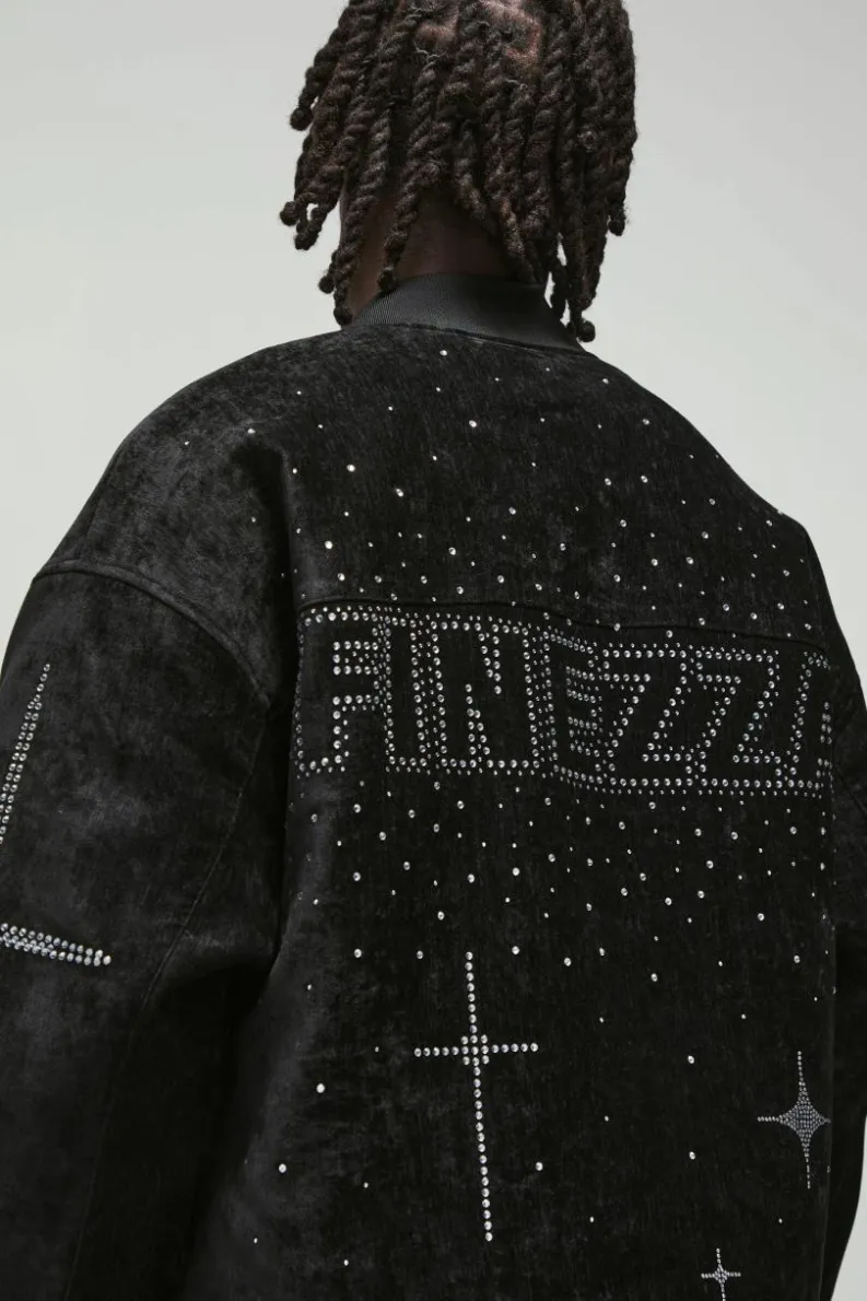 Cheap boohooMAN Oversized Dropped Sleeve Velour Rhinestone Graphic Bomber Jacket black