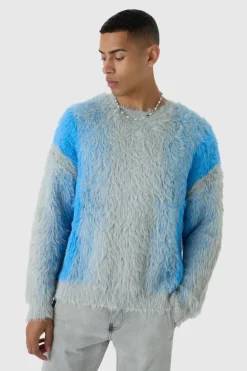 Hot boohooMAN Oversized Drop Shoulder Dip Dye Stripe Knitted Jumper light blue