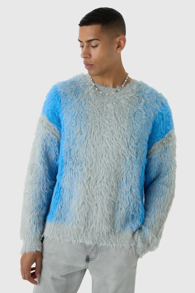 Hot boohooMAN Oversized Drop Shoulder Dip Dye Stripe Knitted Jumper light blue