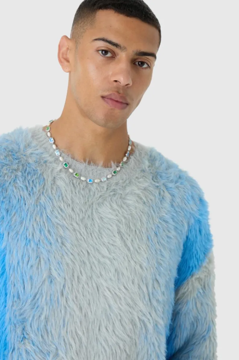Hot boohooMAN Oversized Drop Shoulder Dip Dye Stripe Knitted Jumper light blue