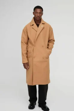 Hot boohooMAN Oversized Drop Shoulder Double Breasted Overcoat In camel