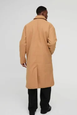 Hot boohooMAN Oversized Drop Shoulder Double Breasted Overcoat In camel