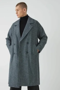 Outlet boohooMAN Oversized Drop Shoulder Herringbone Overcoat In grey