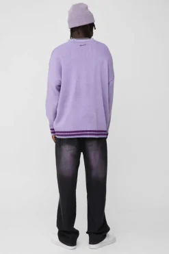 Shop boohooMAN Oversized Drop Shoulder Varsity Applique Knitted Cardigan purple