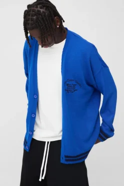 Discount boohooMAN Oversized Drop Shoulder Varsity Applique Knitted Cardigan cobalt