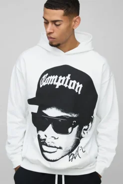 Online boohooMAN Oversized Eazy E Face License Print Hoodie white