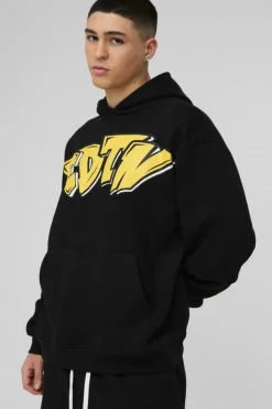 Best boohooMAN Oversized Edition Graffiti Print Hoodie black